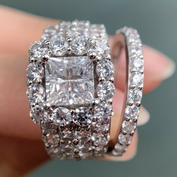 🎁 Princess Cut Zircon Full Filled Square Multi Layer Luxury Ring Set, UNVN12246 - Picture 4 of 8